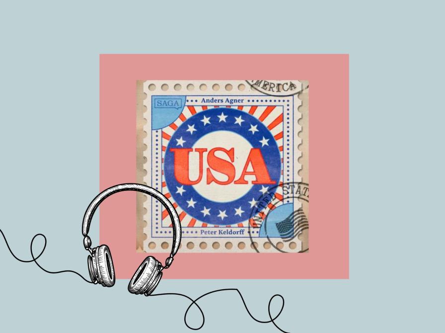 Illustration med frimærke med teksten ‘USA’ og et par hovedtelefoner på lyseblå baggrund.